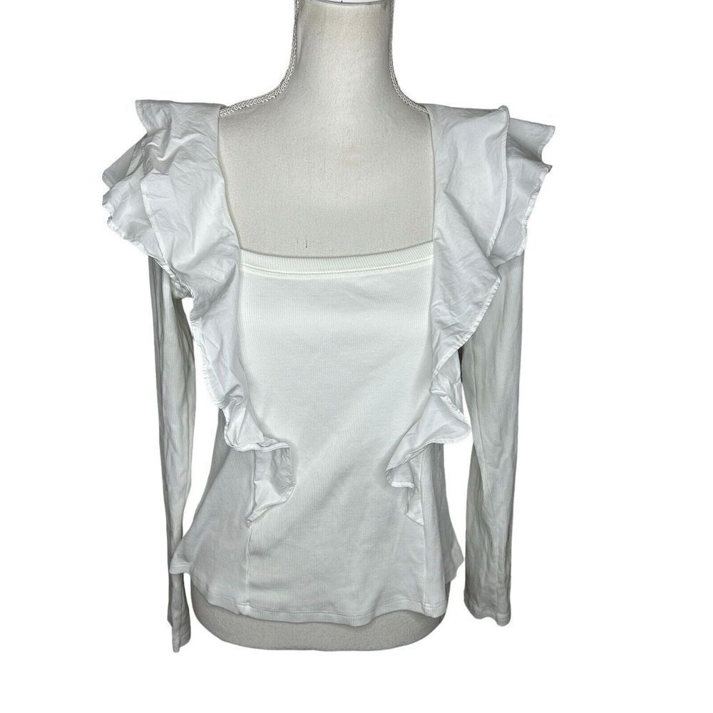 VERONICA BEARD Jeans Gidea White Ribbed Rib Knit Ruffle Cotton Poplin Top M - Picture 6 of 10